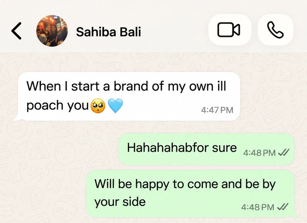 Conversation screenshot shared in Bhavisha's portfolio: Sahiba Bali