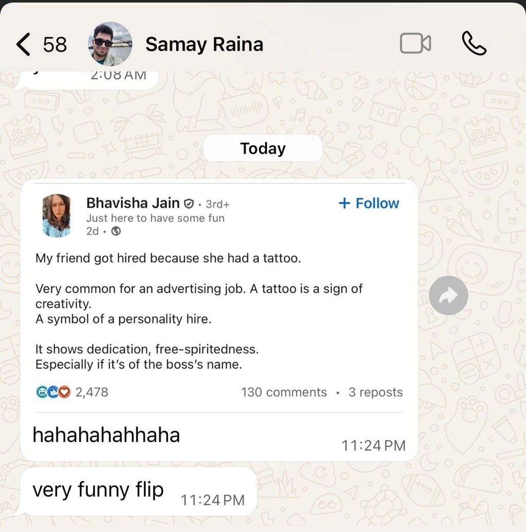 Conversation screenshot shared in Bhavisha's portfolio: Samay Raina
